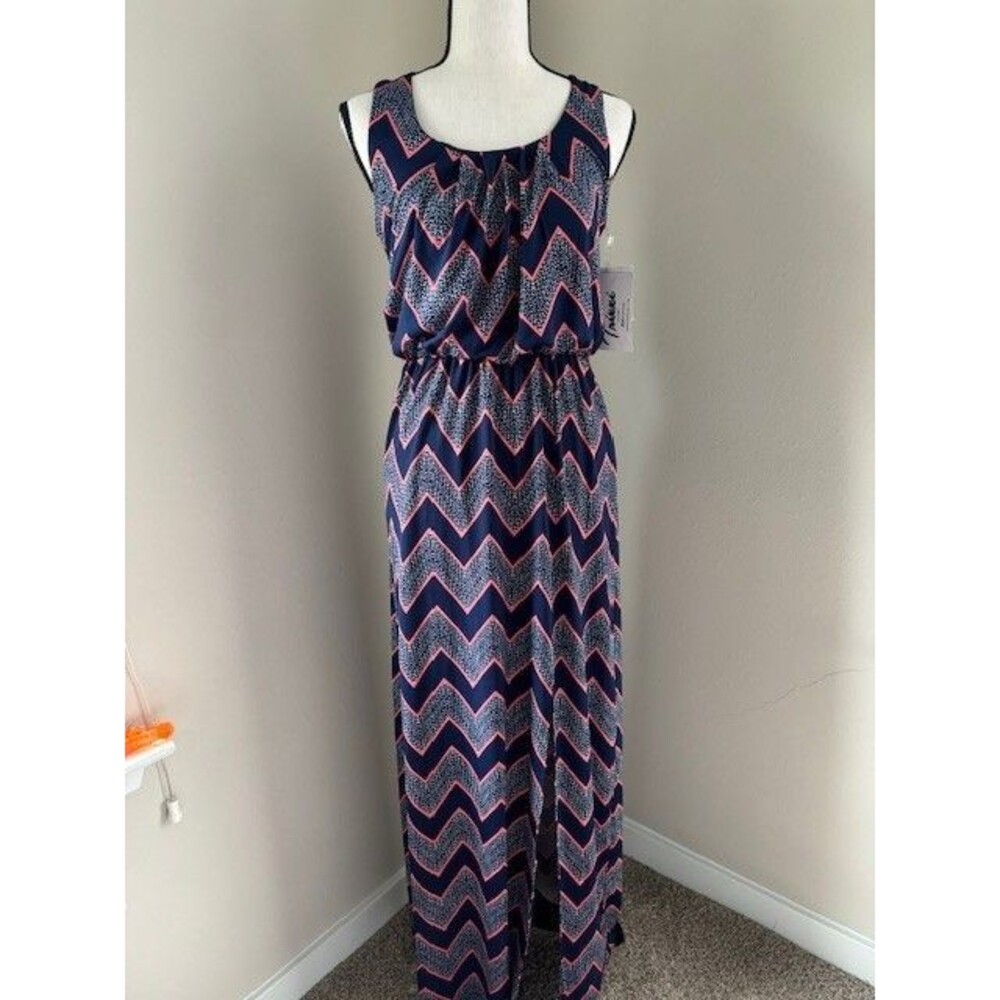 Trixxi Navy Blue and Coral Maxi Sundress Sz S slit front